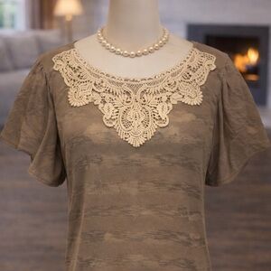 NWT Sheer Sand Colored Top With Lace & Pearls